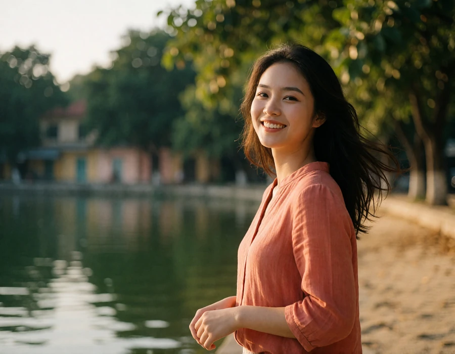 Vietnamese woman smiling on a lakeside promenade in Hanoi in warm evening light