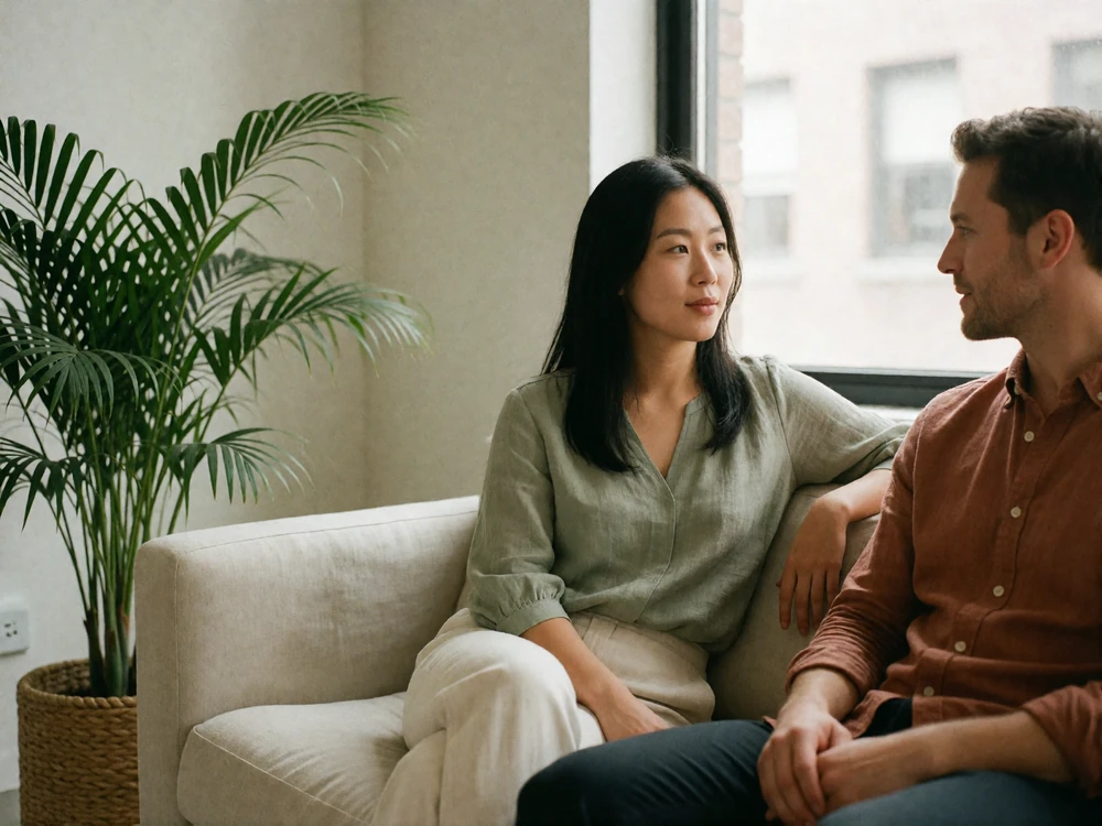 Asian woman in a sage blouse in relaxed conversation with a Western man on a linen sofa in a bright apartment