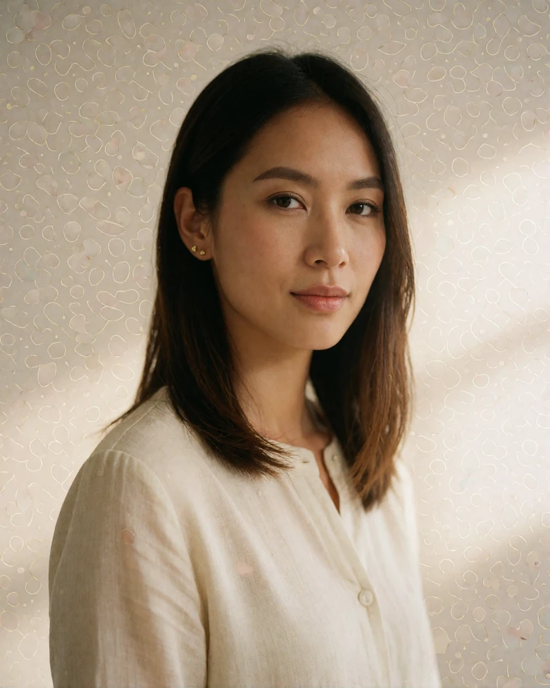 Filipina woman with shoulder-length hair photographed against a warm linen backdrop with a calm, friendly expression