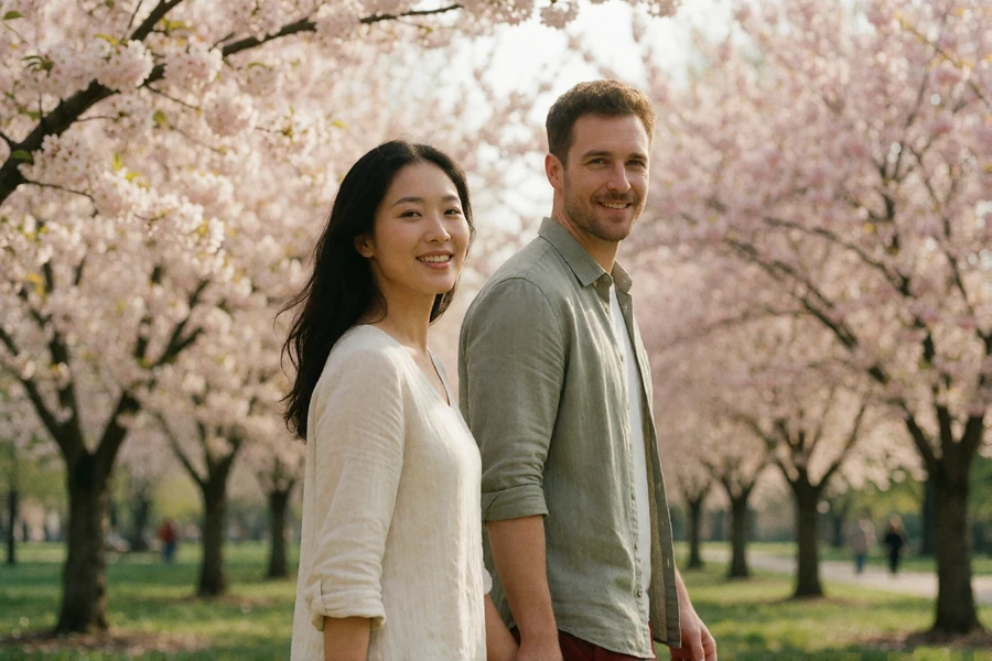 Asian woman and Western man walking together under blossoming trees after meeting on the MatchAsian platform