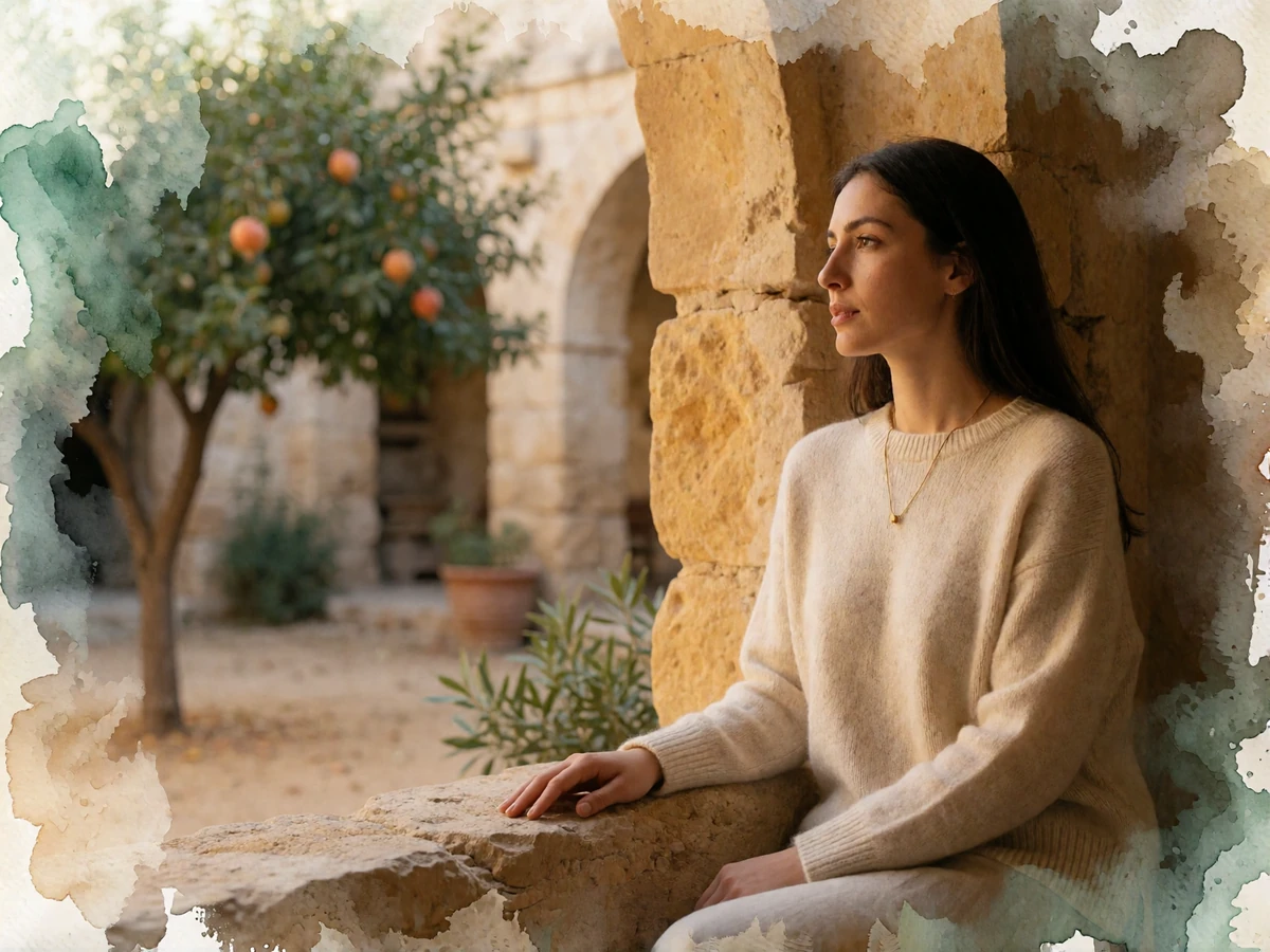 Poised Armenian woman sitting by an arched stone courtyard window in warm afternoon light