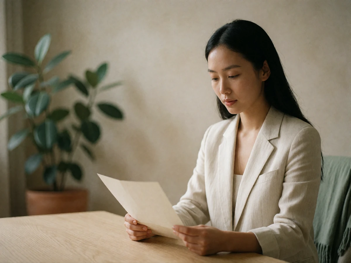 Elegant Asian woman in a cream linen blazer calmly reading a document at a sunlit oak desk in a quiet study