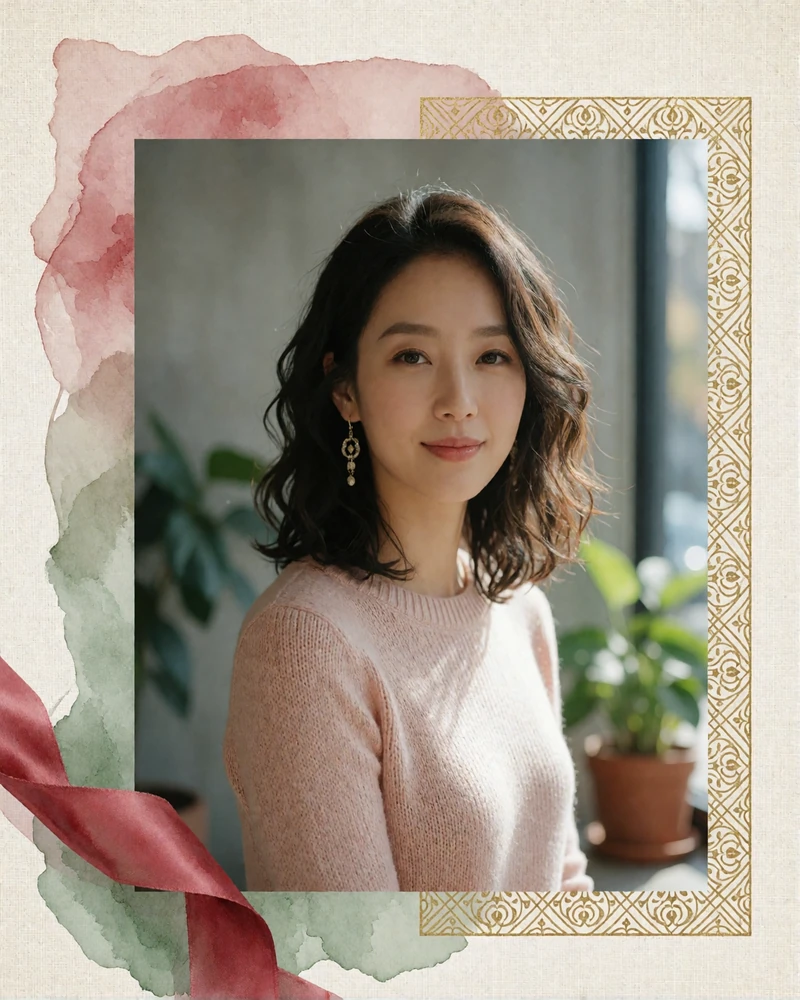 Korean woman with wavy shoulder-length hair smiling warmly inside a minimalist café