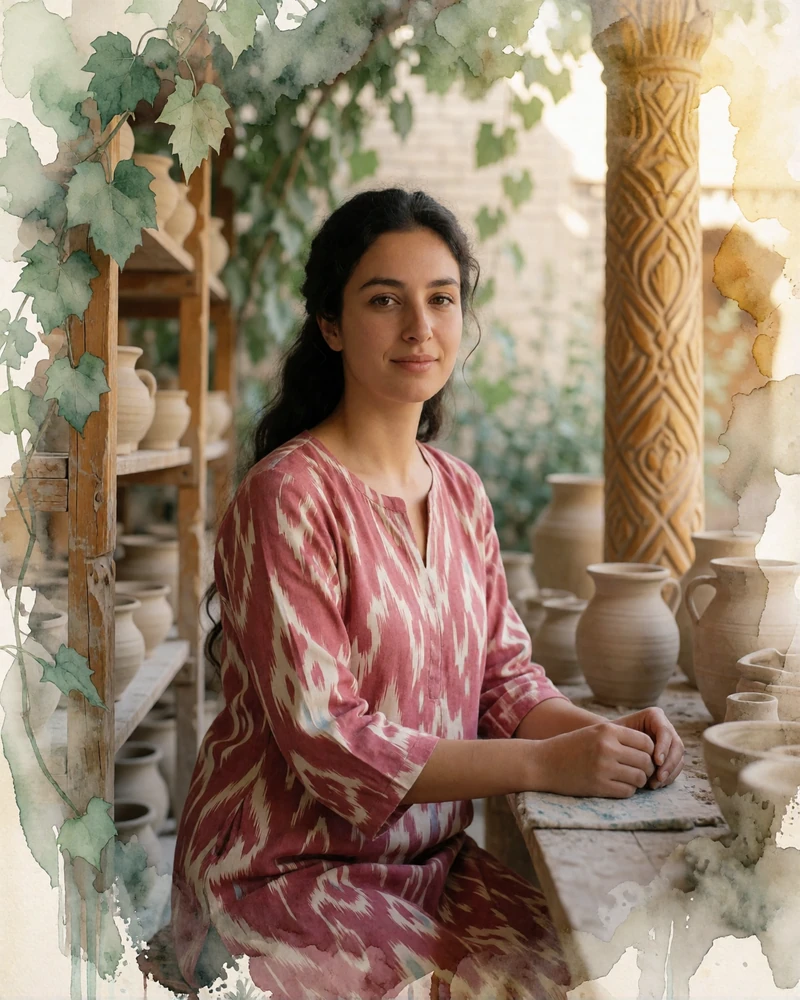 Uzbek woman in a rose ikat tunic in a sunlit Bukhara pottery workshop