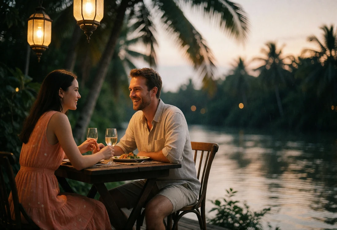 Thai woman and Western man laughing over a riverside dinner table at dusk in Thailand