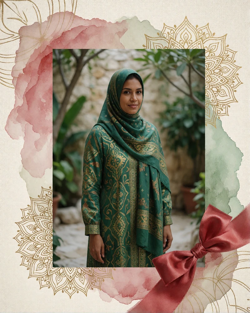 Maldivian woman in an emerald and gold patterned dress standing in a shaded coral-stone courtyard