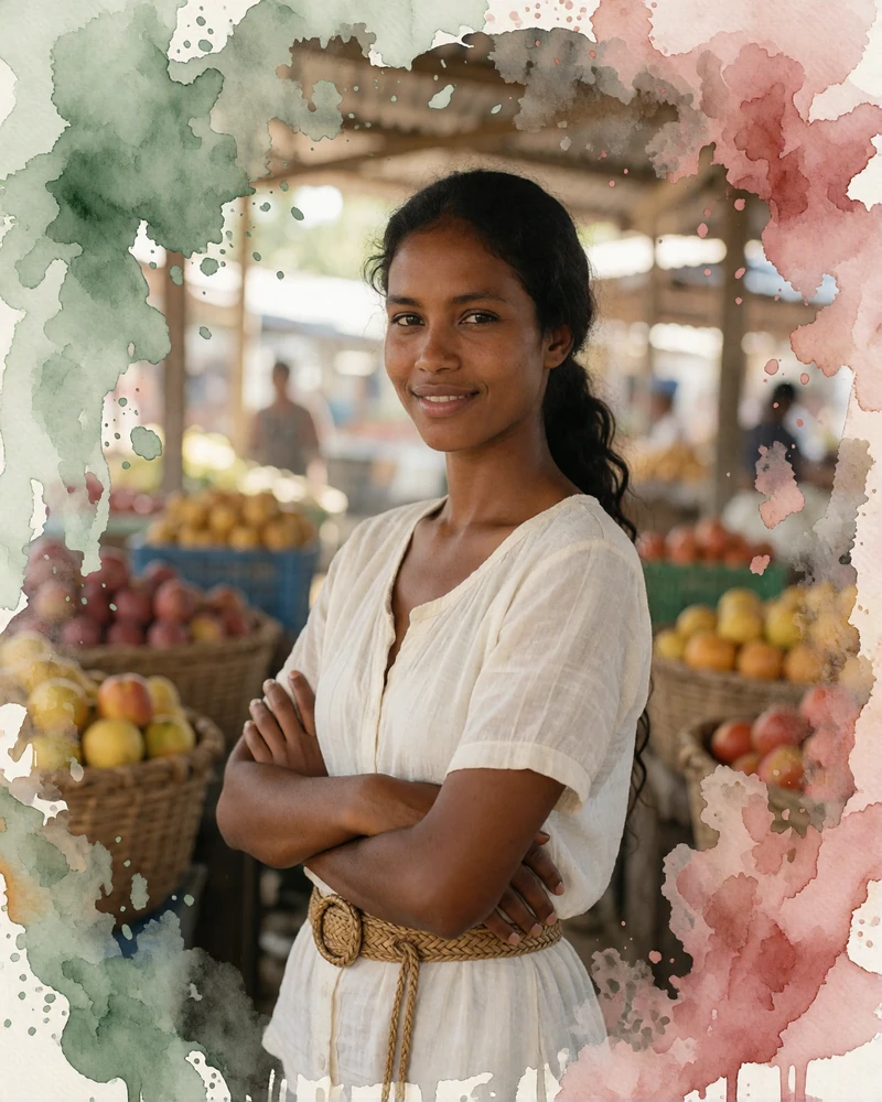 Timorese woman in a white blouse with a woven belt standing in a shaded market aisle in Dili