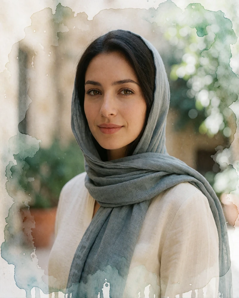 Jordanian woman in a grey-blue headscarf smiling gently in a sunlit courtyard in Irbid