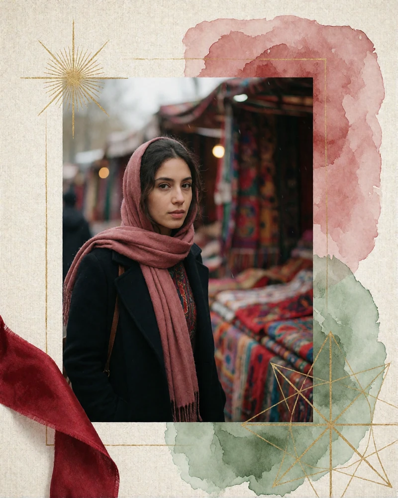 Afghan woman in a dusty rose scarf walking through a softly blurred textile market