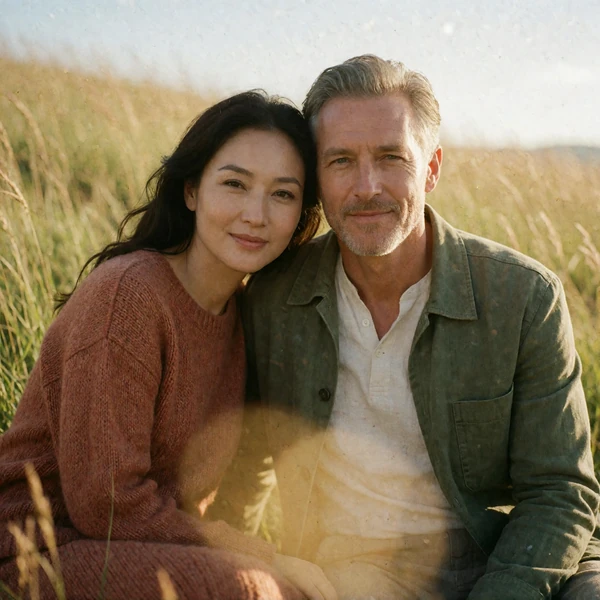Mongolian woman and a Western man in their forties smiling together outdoors on a grassy slope