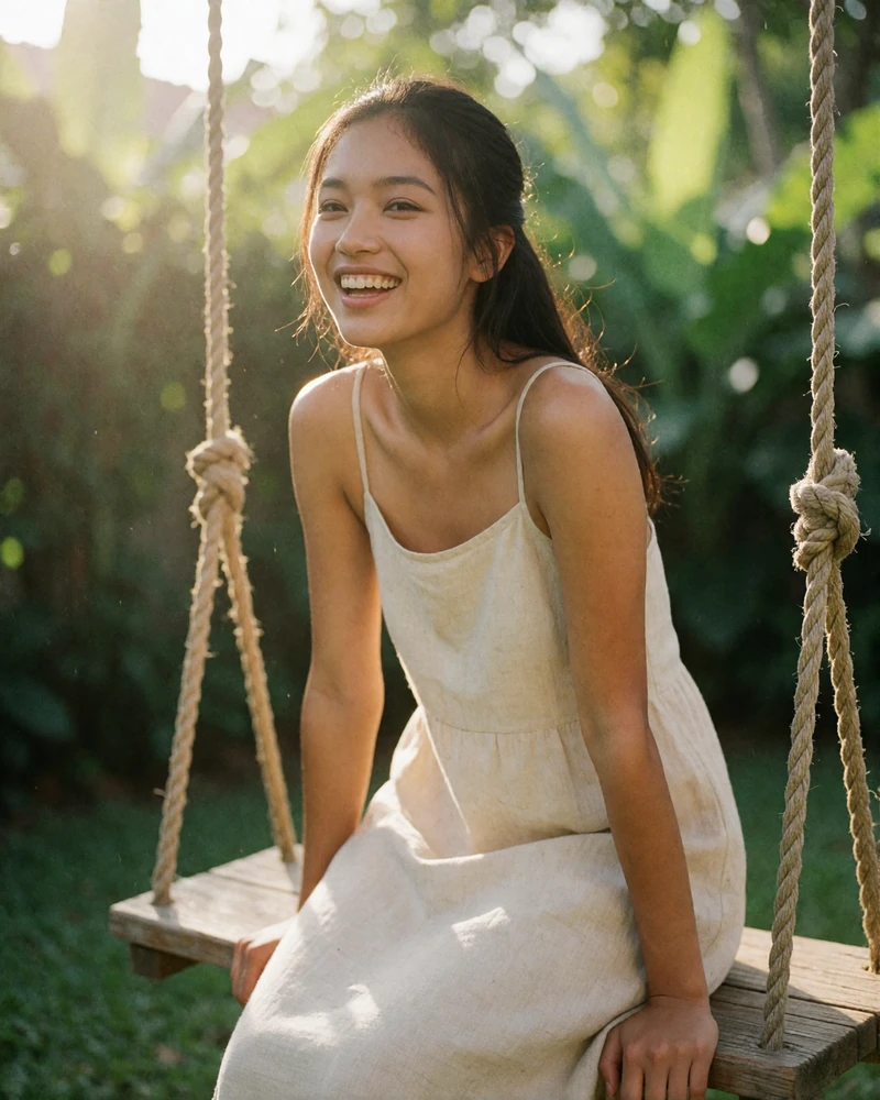 Filipina woman laughing on a wooden garden swing wearing a sand-colored sundress