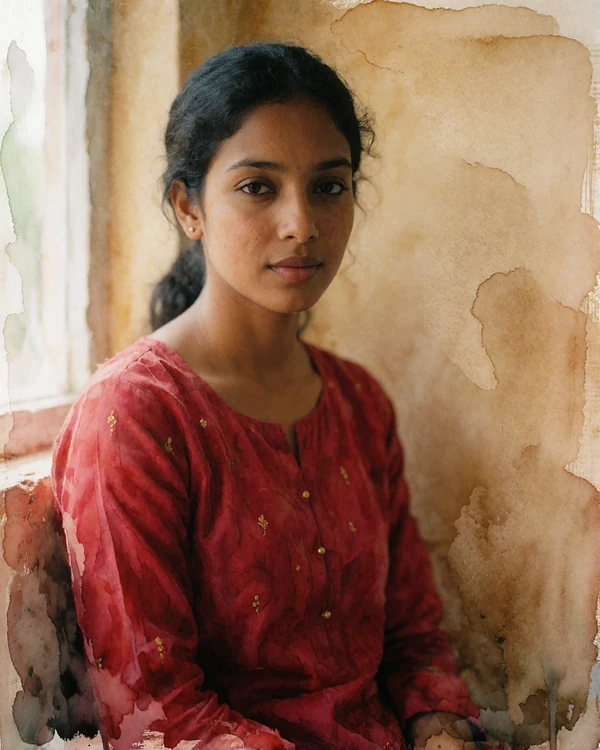 Bangladeshi woman in a deep crimson kurta seated by a sunlit window in Chittagong