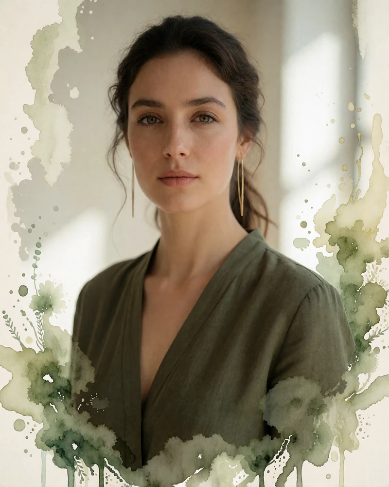 Jordanian woman in a deep olive blouse with a confident expression in a bright studio space