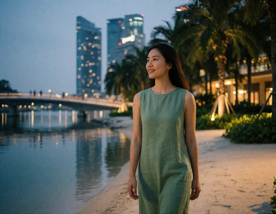 Graceful Asian woman in a sage-green dress walking along an illuminated riverside promenade in Singapore at dusk