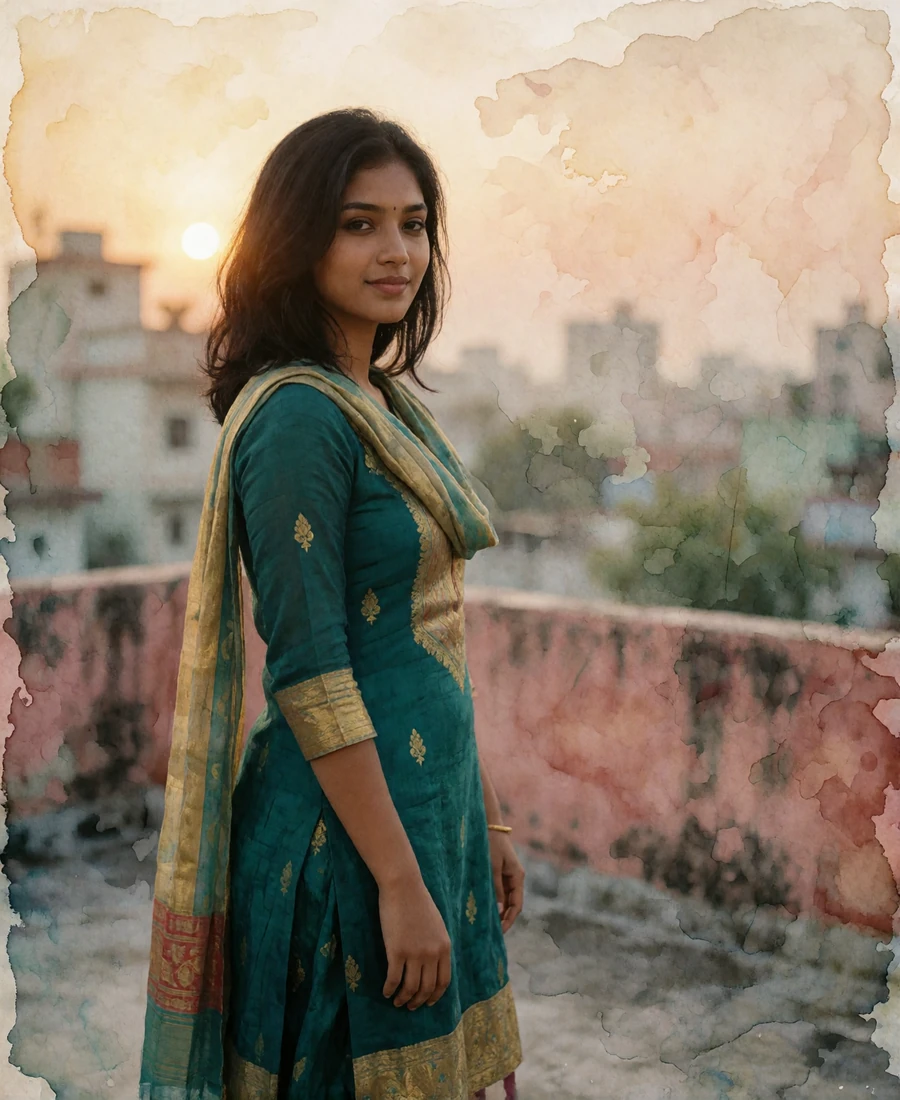 Bangladeshi woman in a teal and gold salwar kameez standing on a rooftop terrace at golden hour in Dhaka