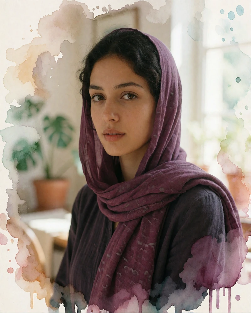 Yemeni woman in a plum headscarf reading in a bright study room, thoughtful expression toward the camera