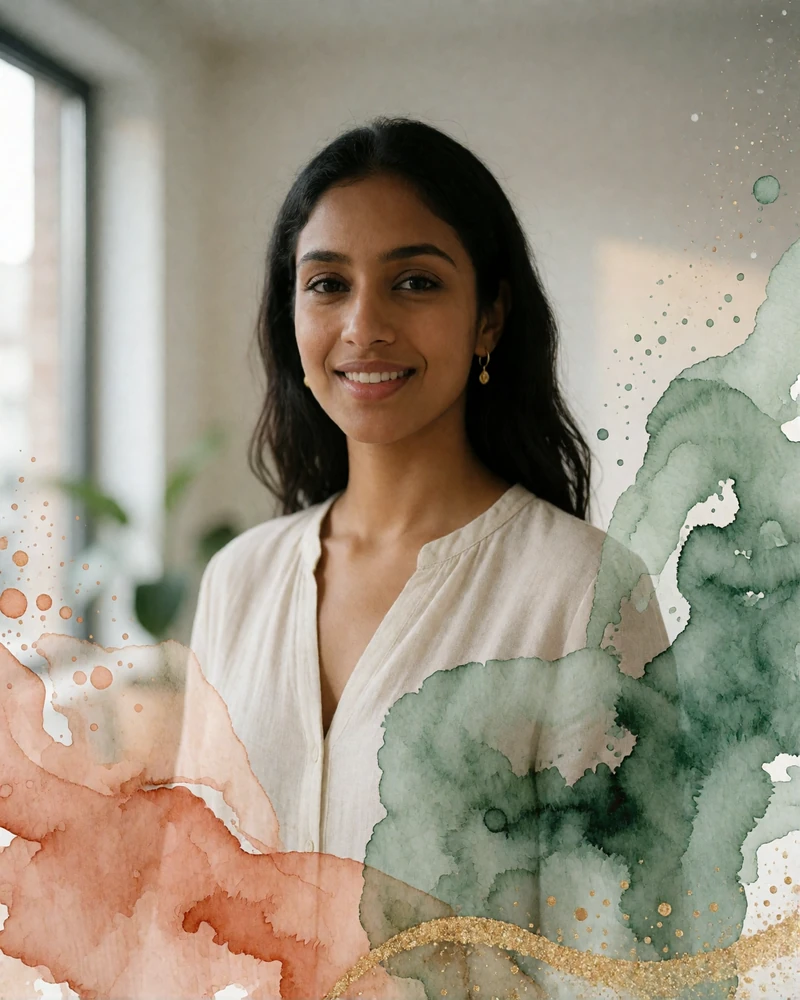 Indian woman in an ivory blouse smiling in a bright modern Mumbai apartment, a verified MatchAsian member profile