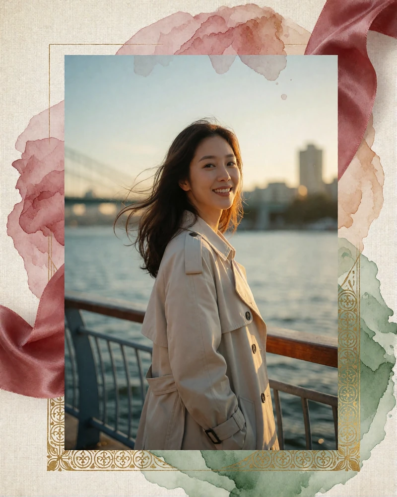 Korean woman in a light trench coat walking a riverside path at golden hour