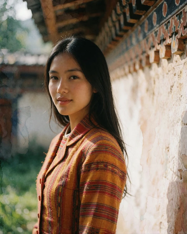 Bhutanese woman in a saffron and crimson woven kira smiling in a sunlit courtyard in Thimphu