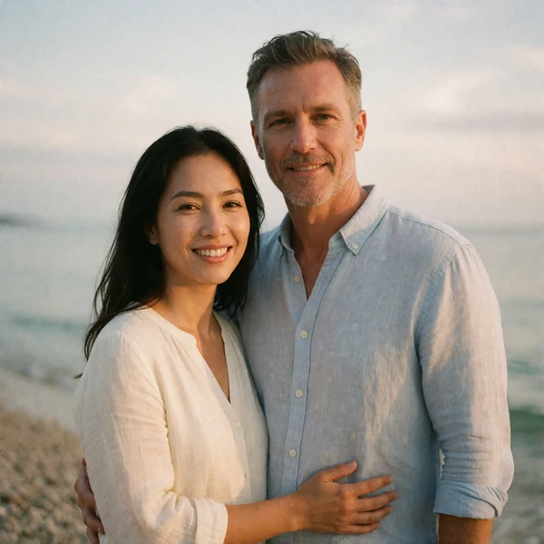 Filipina woman and a Western man smiling together on a quiet shoreline in Cebu at sunset