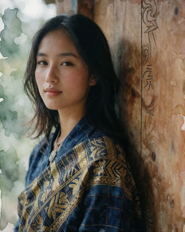 Bhutanese woman in an indigo and gold woven wrap standing beside a timber wall in Bumthang