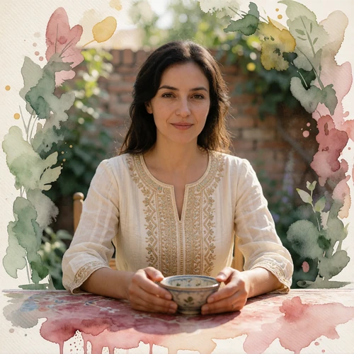 Woman smiling at an outdoor tea table, a documented MatchAsian member