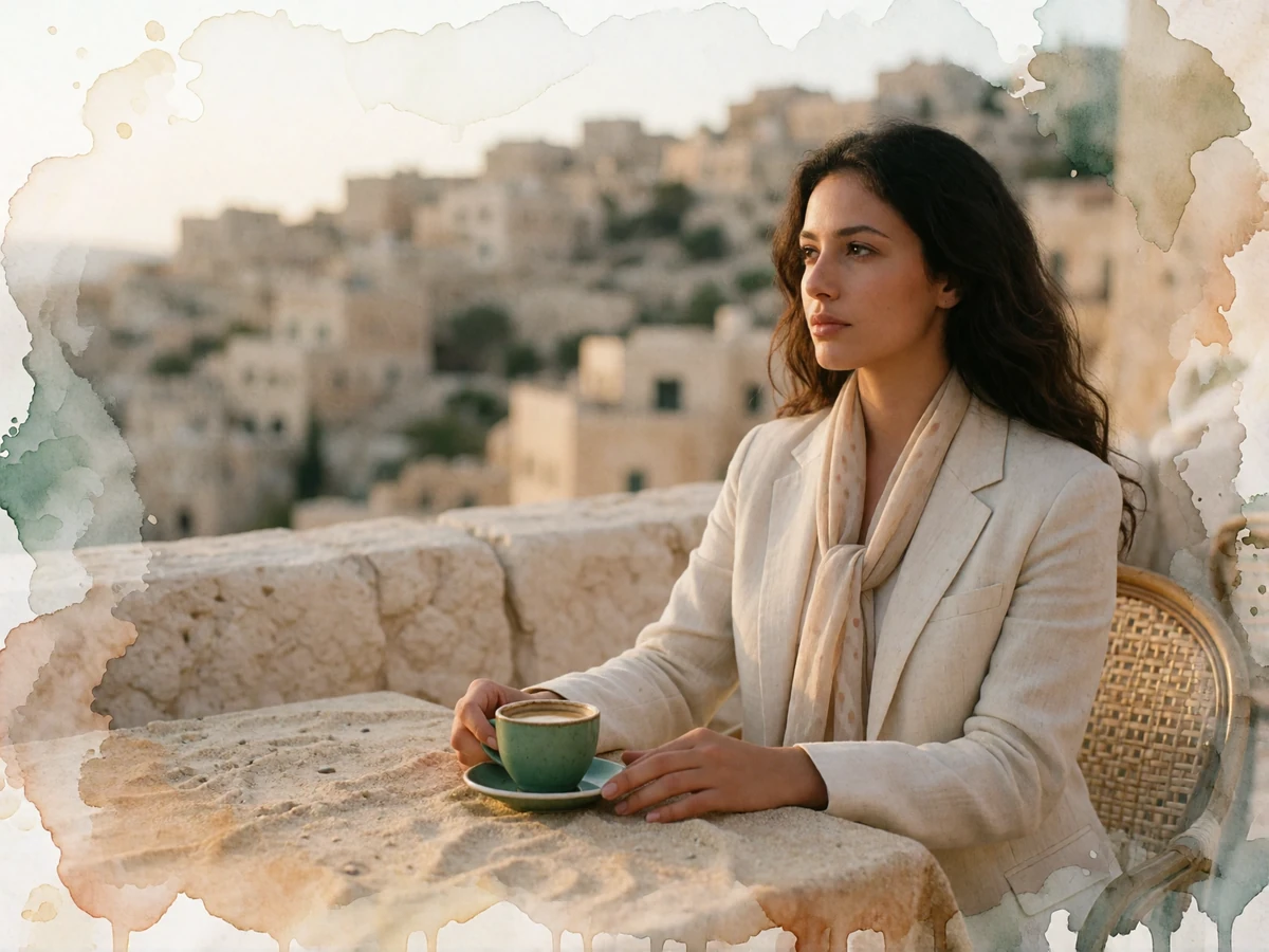 Poised Jordanian woman in a cream blazer sitting at a rooftop terrace café overlooking the pale limestone hillside city of Amman