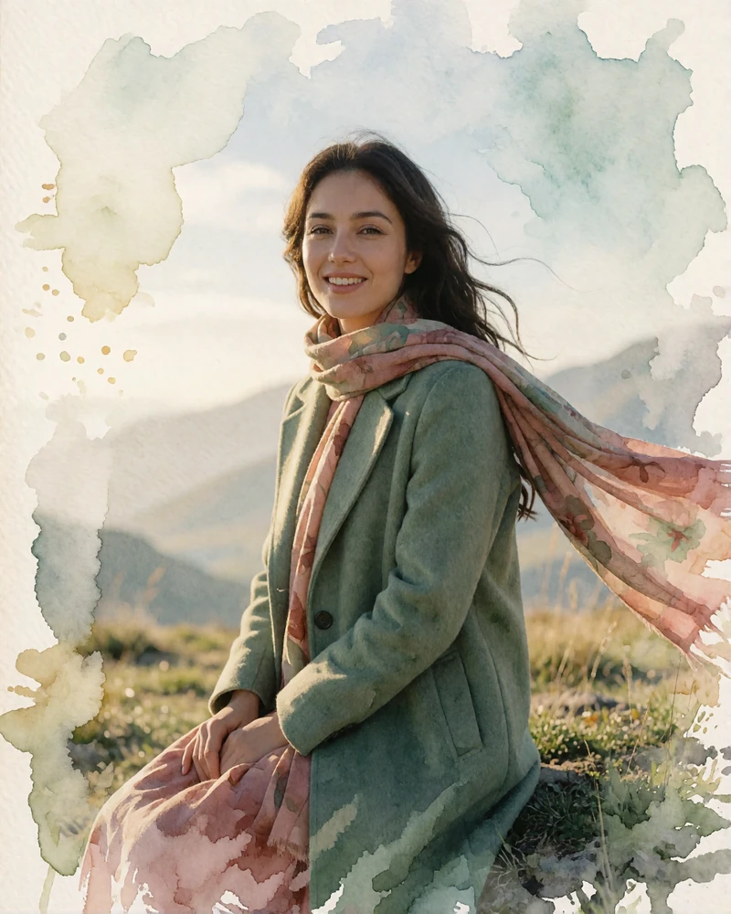 Uzbek woman in a sage green coat on a grassy mountain plateau with distant peaks