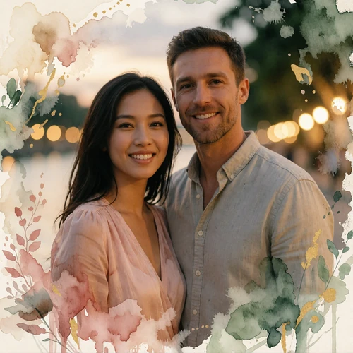Couple smiling together on a riverside promenade at dusk after meeting through MatchAsian
