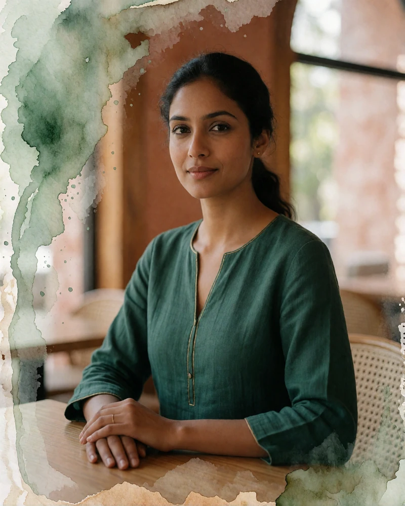 Indian woman in an emerald kurta with gold trim seated at a café table in Delhi, a verified MatchAsian member profile