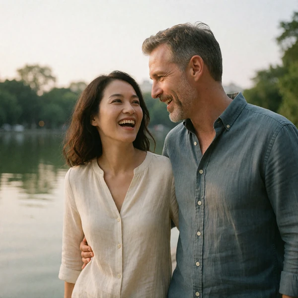 Couple laughing together while walking beside a calm city lake
