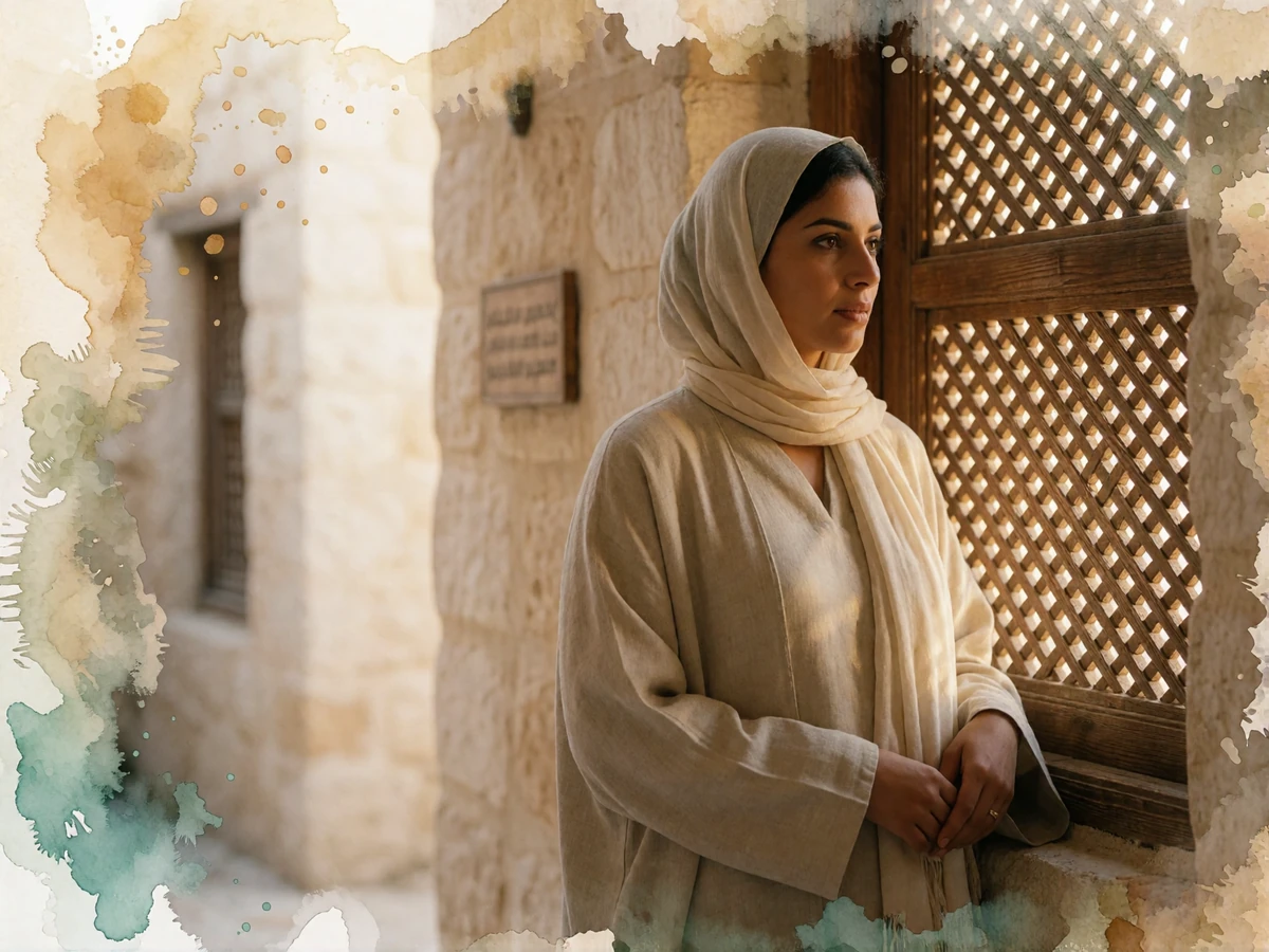 Poised Yemeni woman in a sand-colored abaya standing beside a carved wooden lattice window in a traditional stone house, bathed in warm daylight