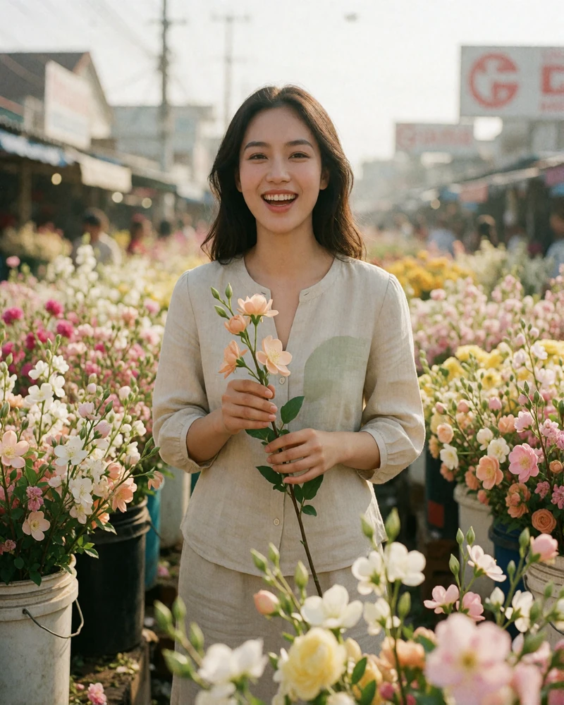 Vietnamese woman in a sage cotton blouse holding a flower stem at an open-air market