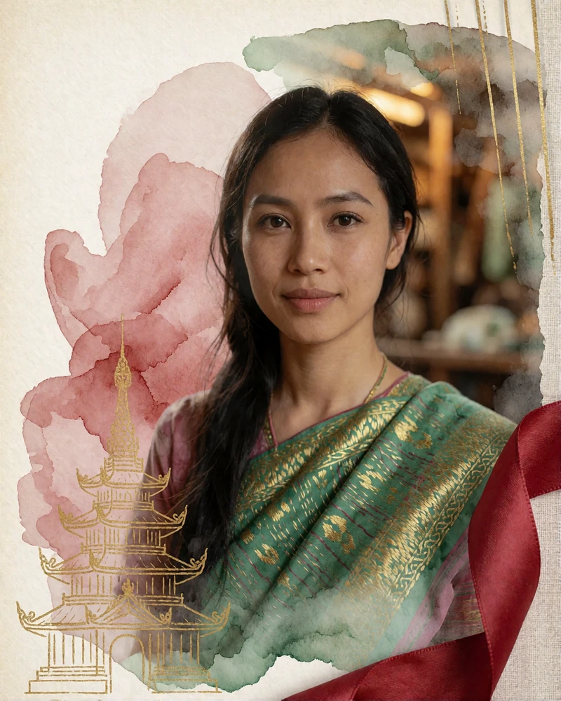 Burmese woman in a hand-woven emerald and gold blouse smiling in a warm textile workshop in Mandalay