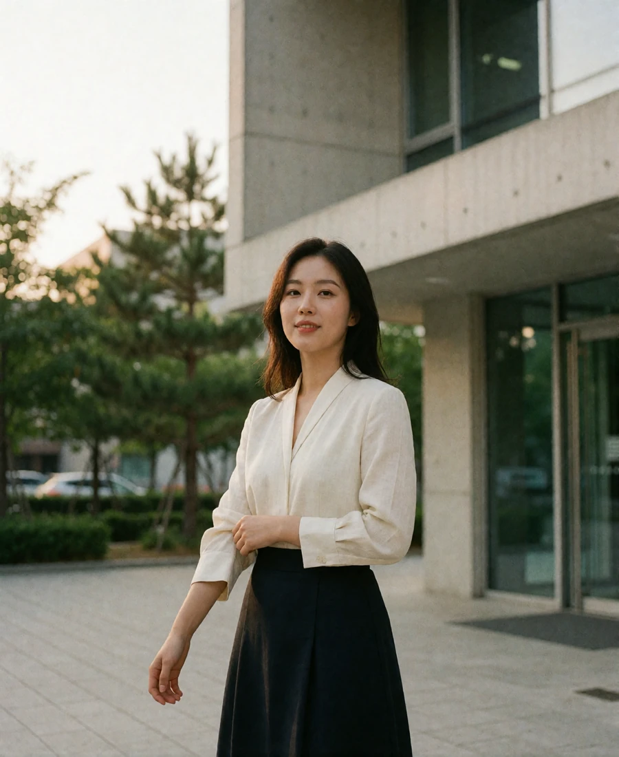 Korean woman in a crisp cream blouse and structured skirt outside a contemporary building in Seoul