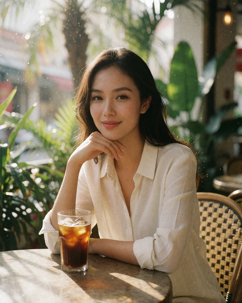 Vietnamese woman in a white shirt smiling over iced coffee at a terrace table in Ho Chi Minh City