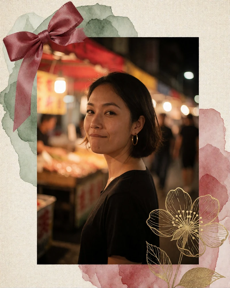 Taiwanese woman in a black top with gold hoop earrings glancing at the camera at an evening night market