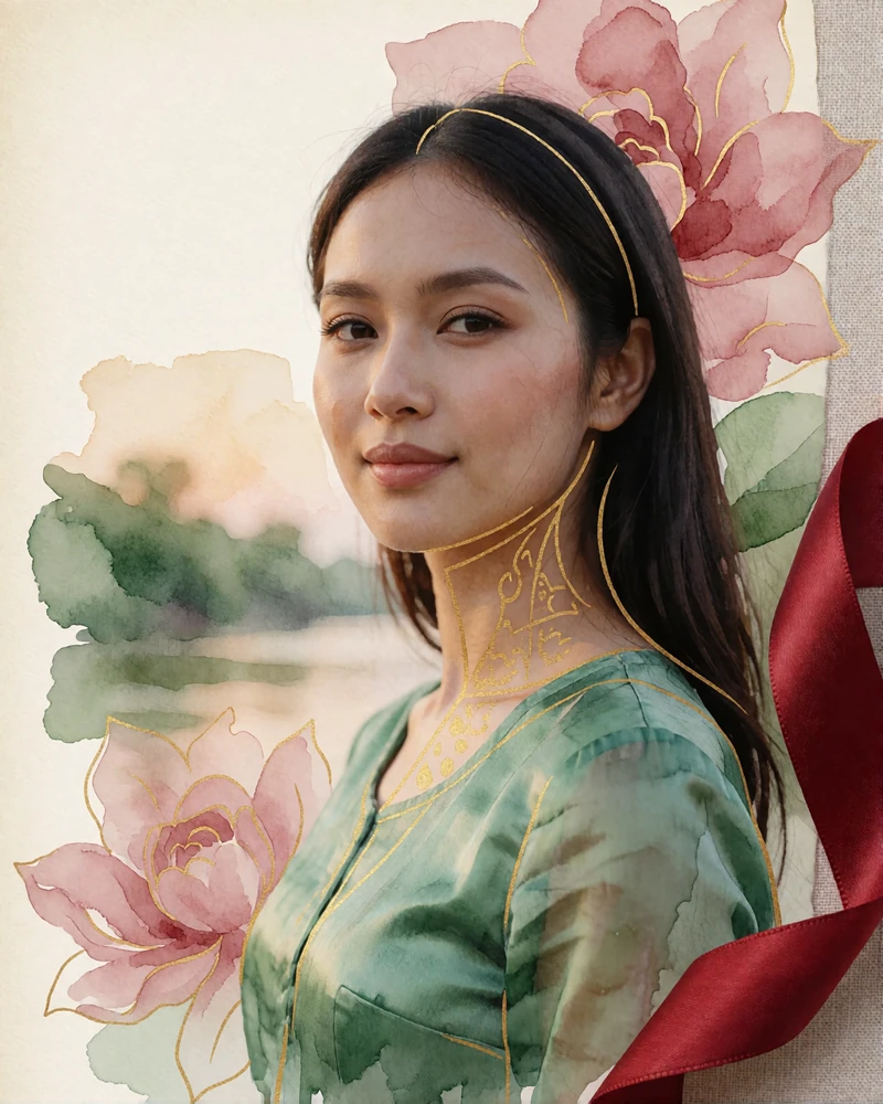 Khmer woman in an emerald silk top smiling serenely beside a green riverside in Kampot
