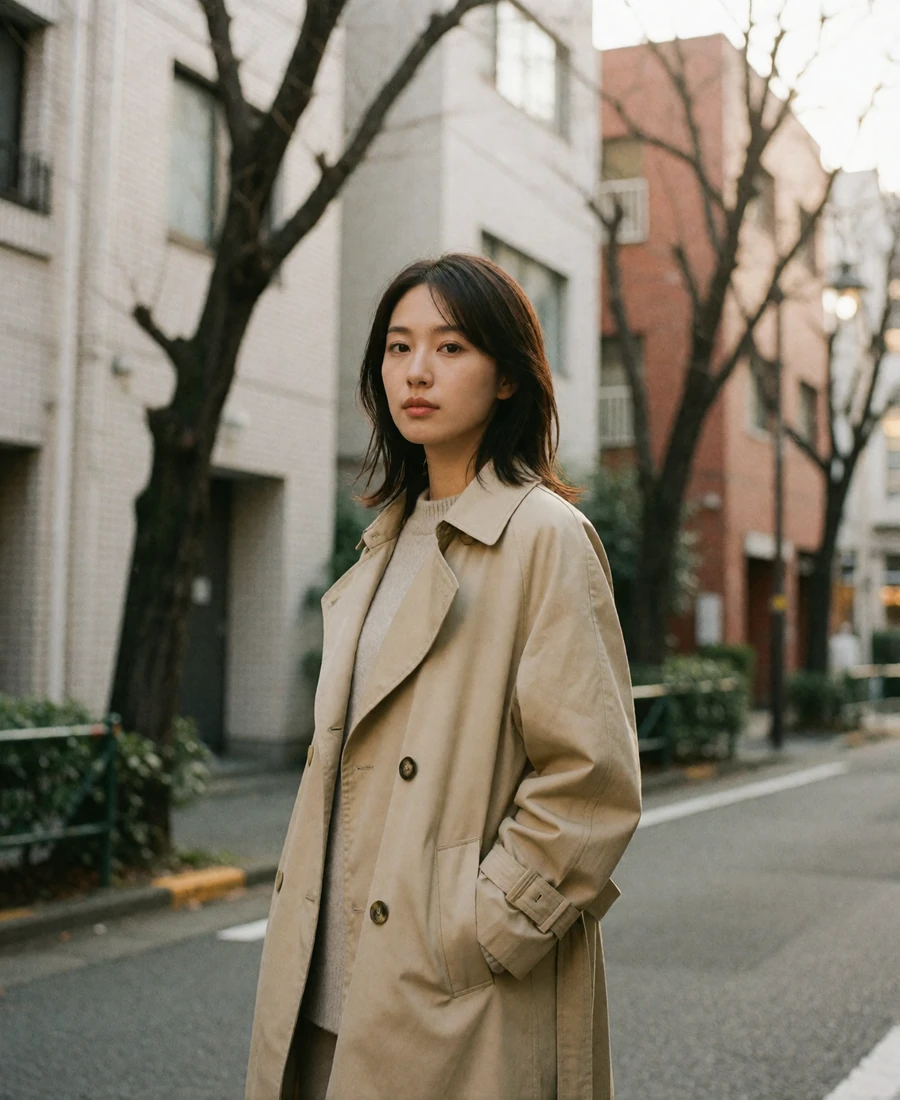 Japanese woman in a minimal beige trench coat on a quiet tree-lined Tokyo street