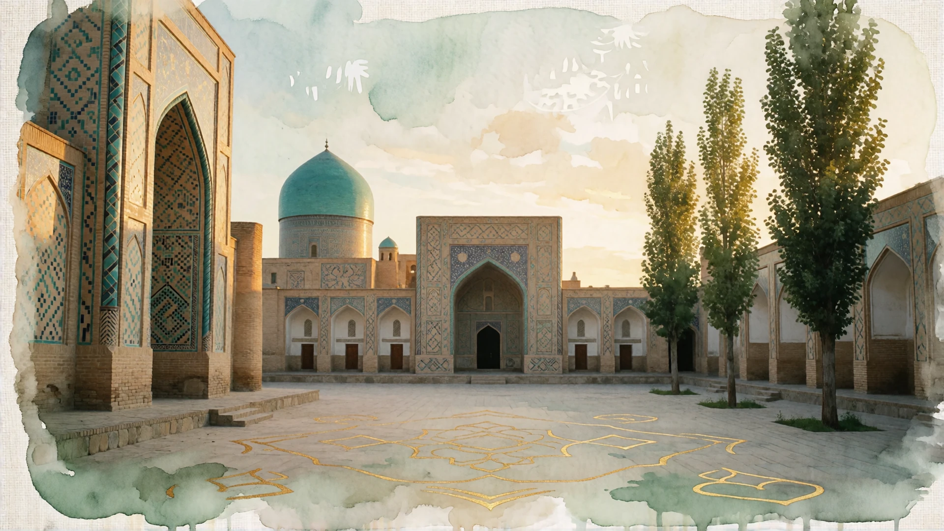Golden-hour view of a Samarkand square with a tiled turquoise-domed portal and poplar-lined arcades
