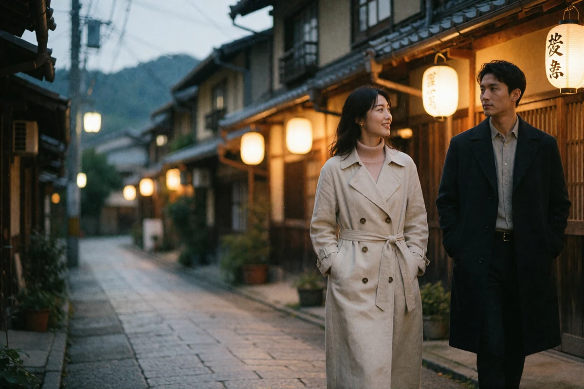 Japanese woman and Western man strolling a lantern-lit Kyoto lane together at dusk