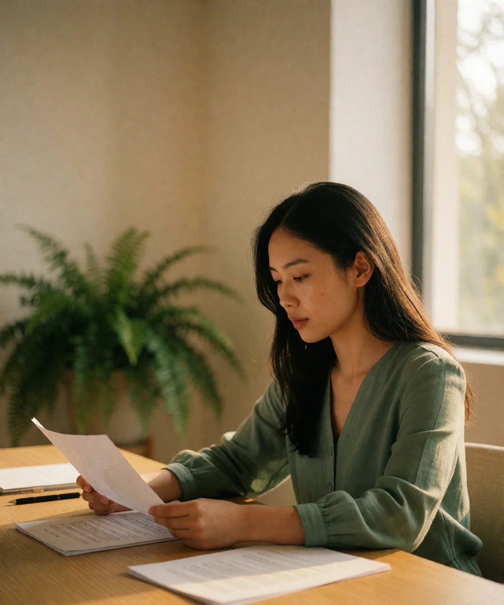Professional Asian woman in a sage-green blouse reviewing verification paperwork at a light oak desk in a calm modern office