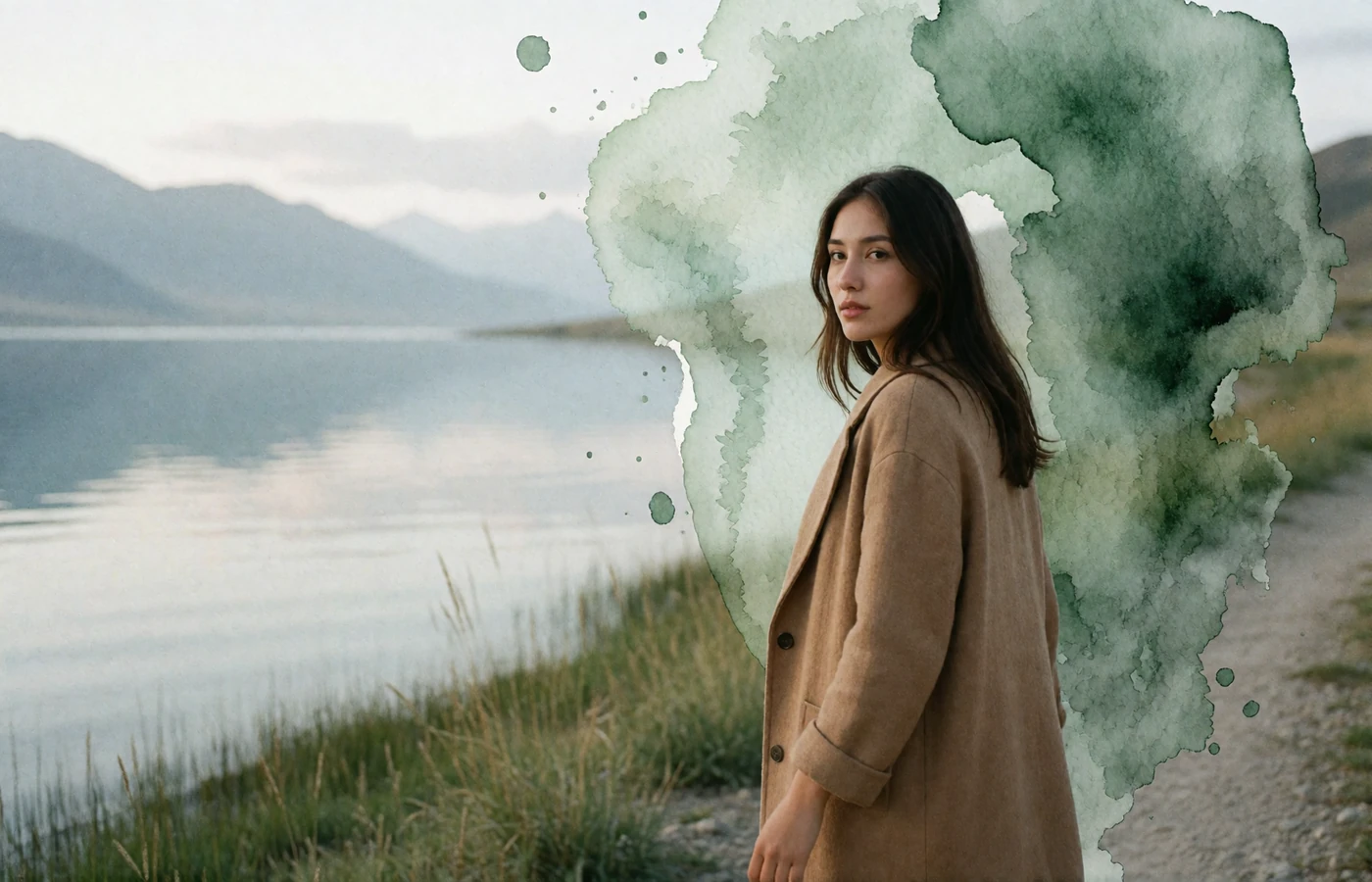 Young Kyrgyz woman in a camel coat walking along a quiet highland lakeside path with distant mountains in soft focus