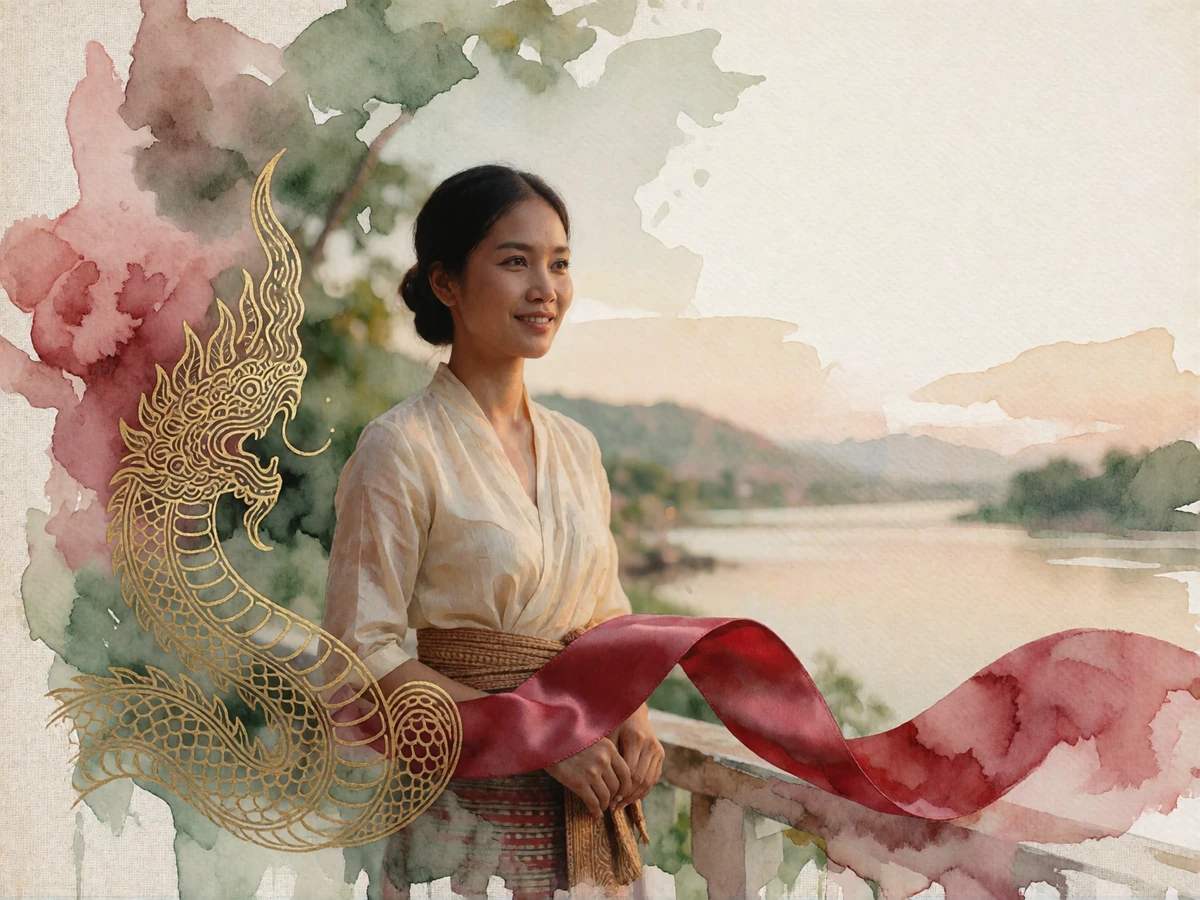 Laotian woman standing on a quiet riverside terrace at golden hour, smiling calmly