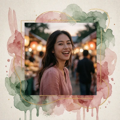 Thai woman laughing warmly while strolling through an open-air evening market