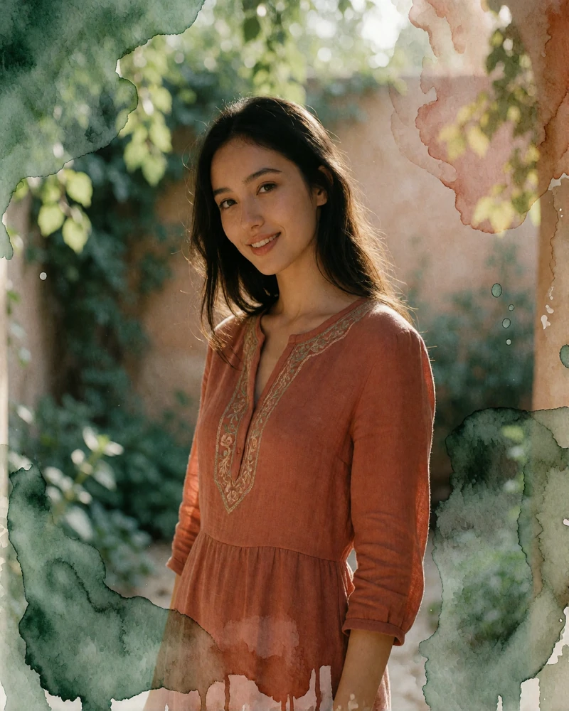 Young Kazakh woman in a terracotta linen dress smiling in a shaded garden courtyard in Shymkent