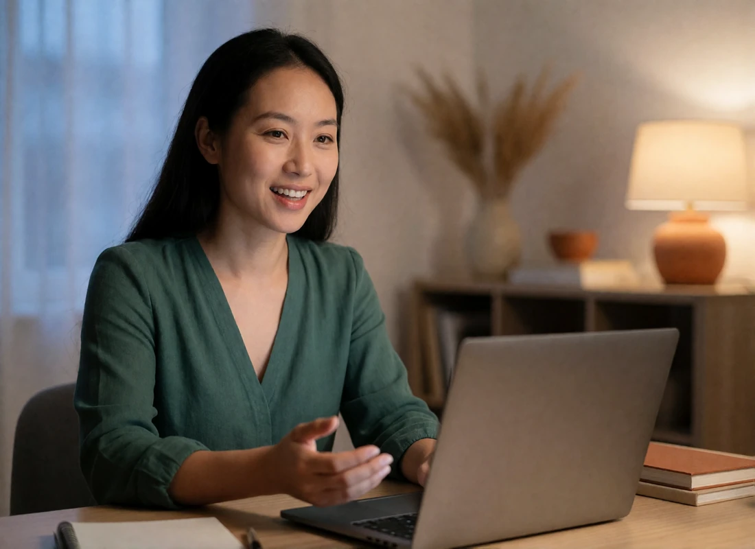 Asian woman smiling warmly during an evening video call at a tidy home desk