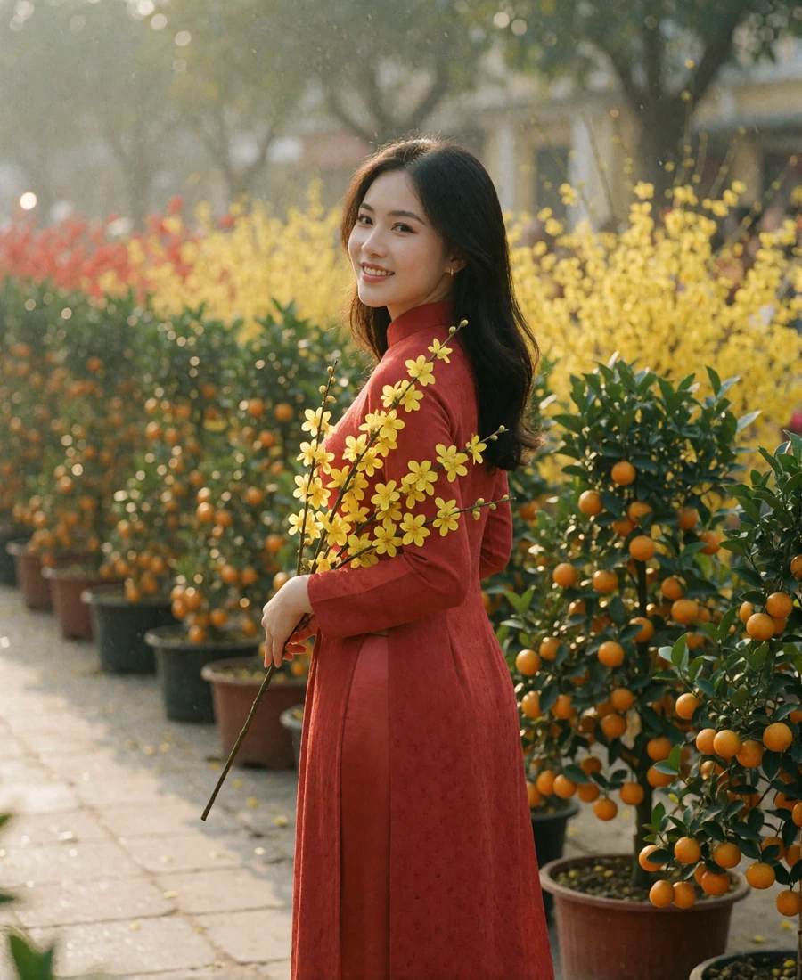 Vietnamese woman in a red ao dai carrying yellow blossom branches through a lunar new year flower market