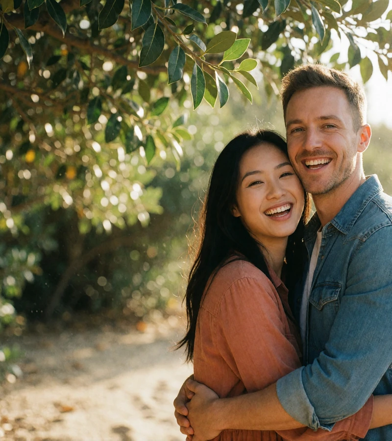 Asian woman and Western man laughing together under sunlit trees after meeting through MatchAsian