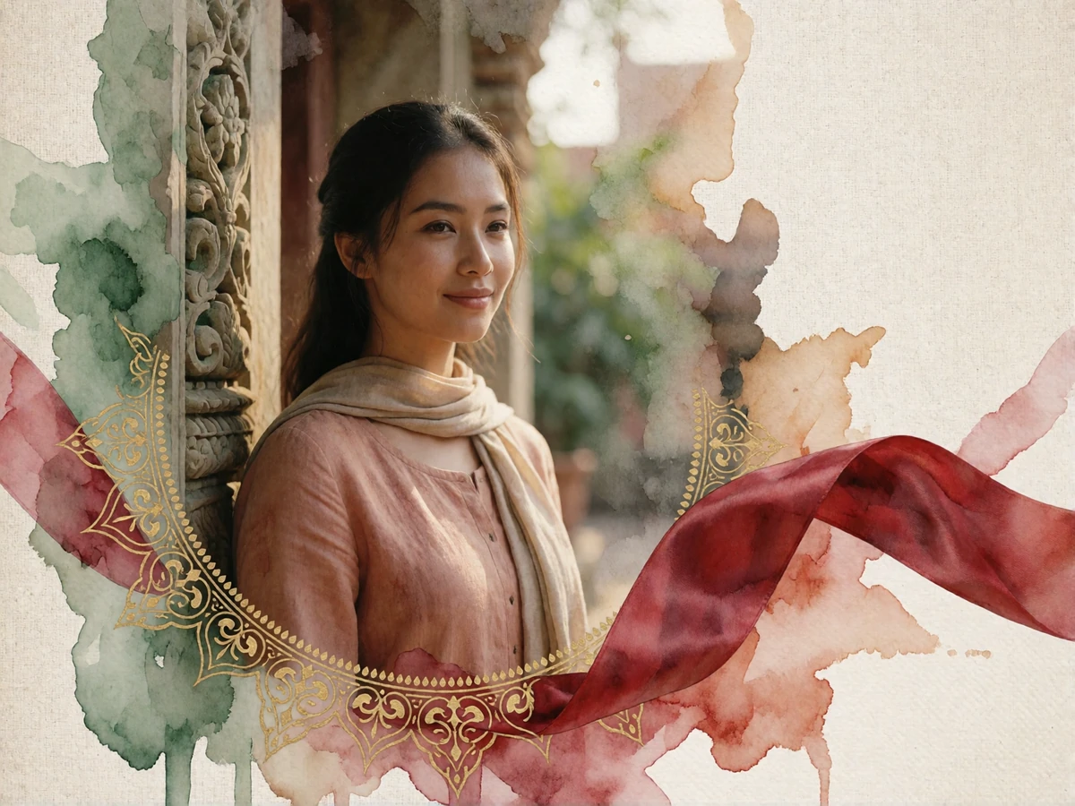 Khmer woman in a sand-toned linen blouse smiling softly in a sunlit temple courtyard in Cambodia